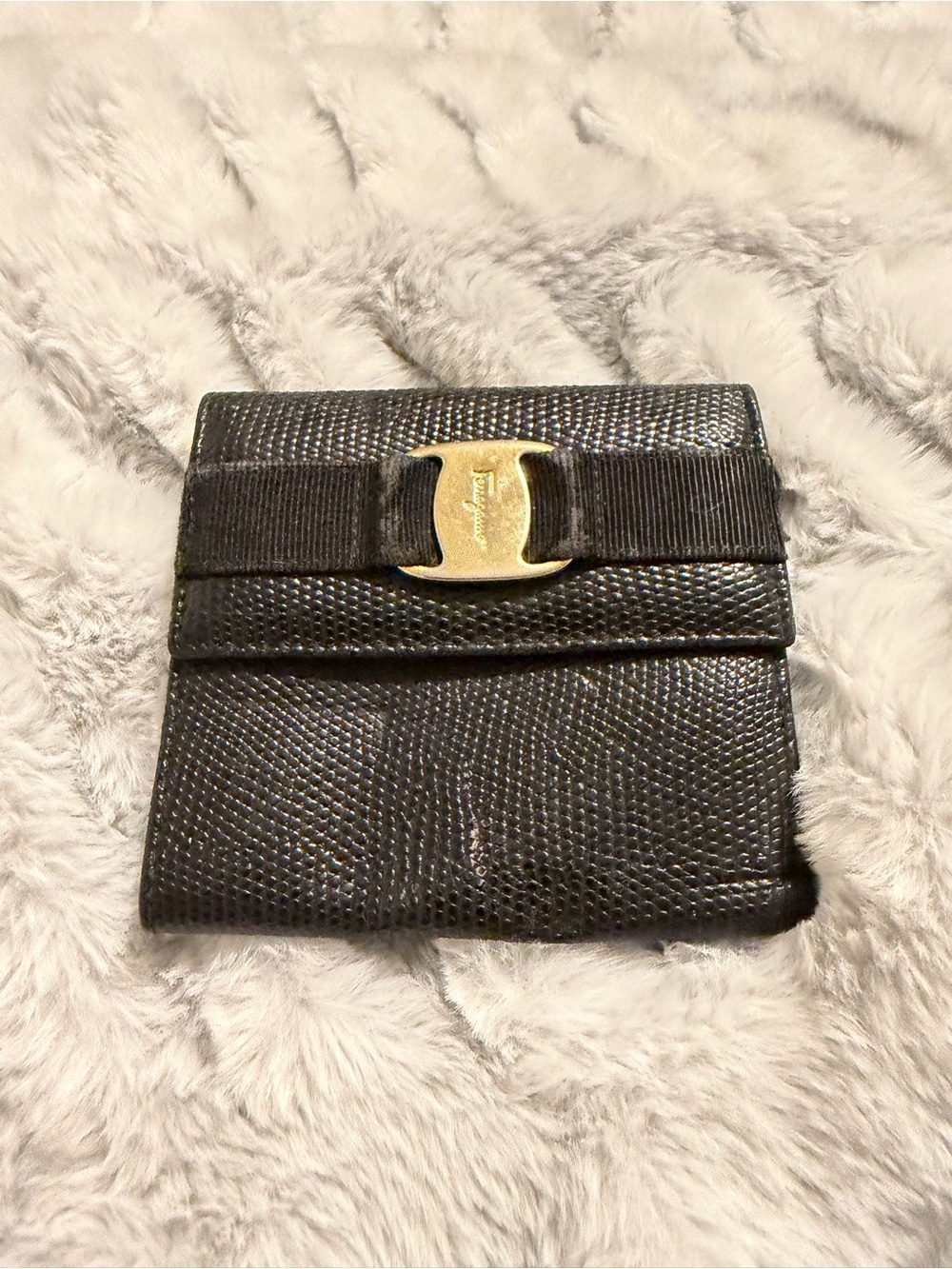 Salvatore Ferragamo Black Textured Leather Wallet with Gold Vara Accent